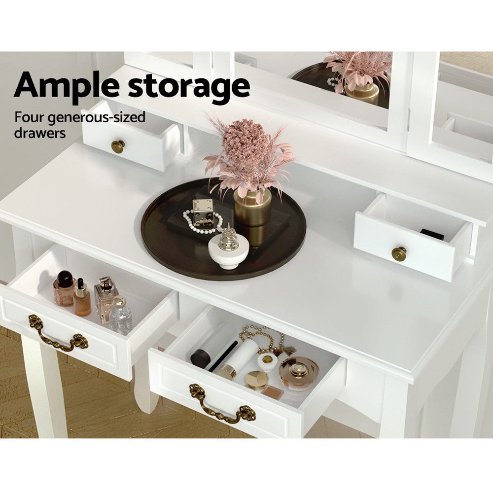 Artiss Dressing Table Stool Set Foldable Mirror White - Furniture > Bedroom > Dressing Vanity & Dressing Tables