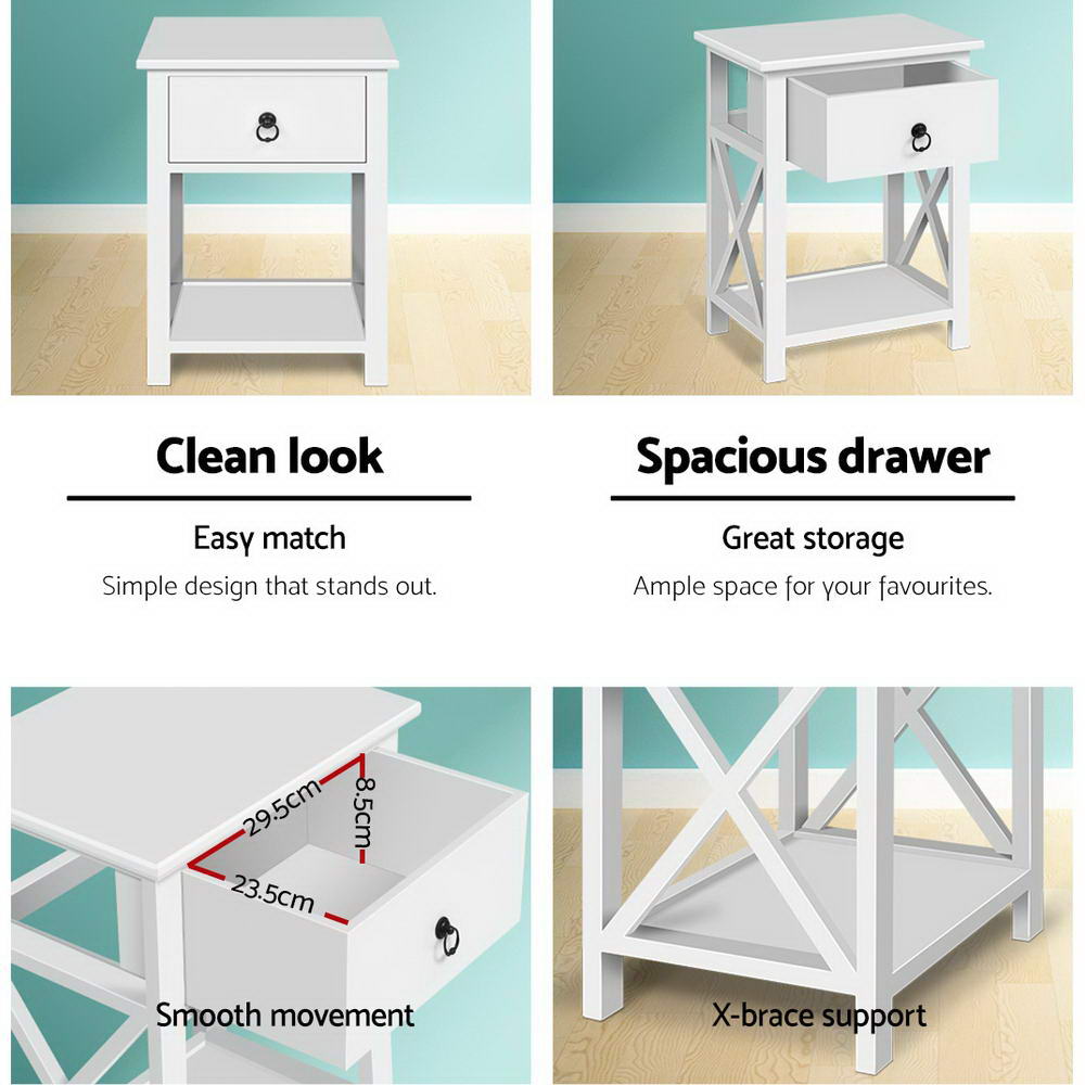 Artiss 2 X Bedside Table 1 Drawer with Shelf EMMA White Furniture > Bedroom > Bedside Tables