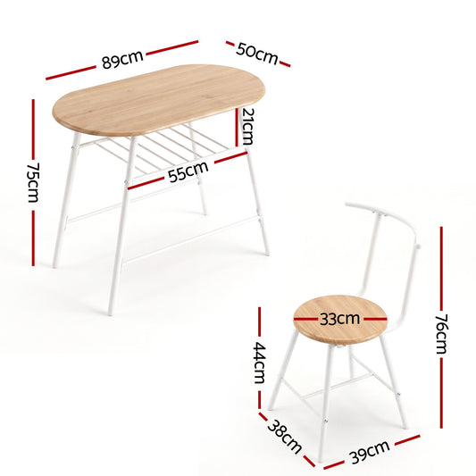 Oval Dining Table Set 3PC Space-Saving Bistro Kitchen Storage Wine Rack Natural White