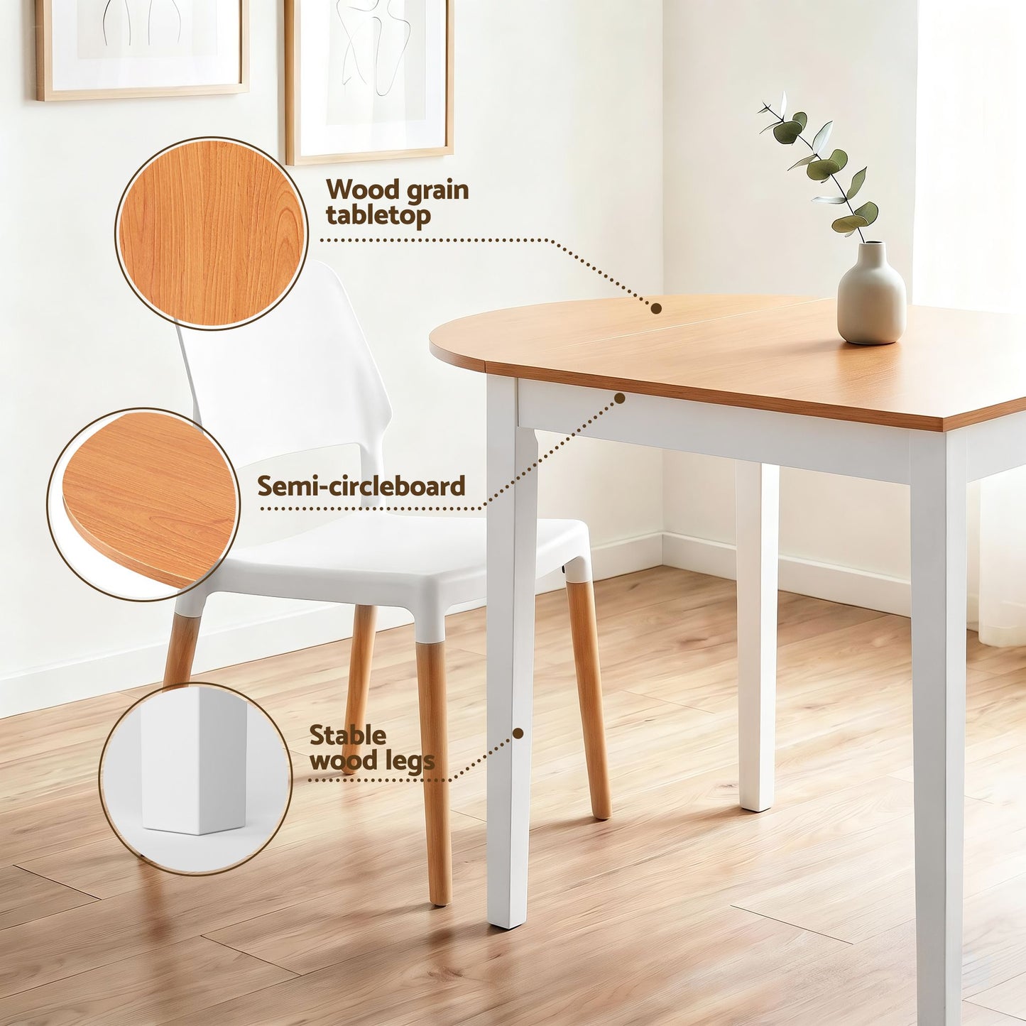 Dining Table and Chairs Set 5PCS, 75-110cm Drop-Leaf Table, with 4 Dining Chairs White Wooden, 4 Seater Dining Table Set for Kitchen, Apartment, Café