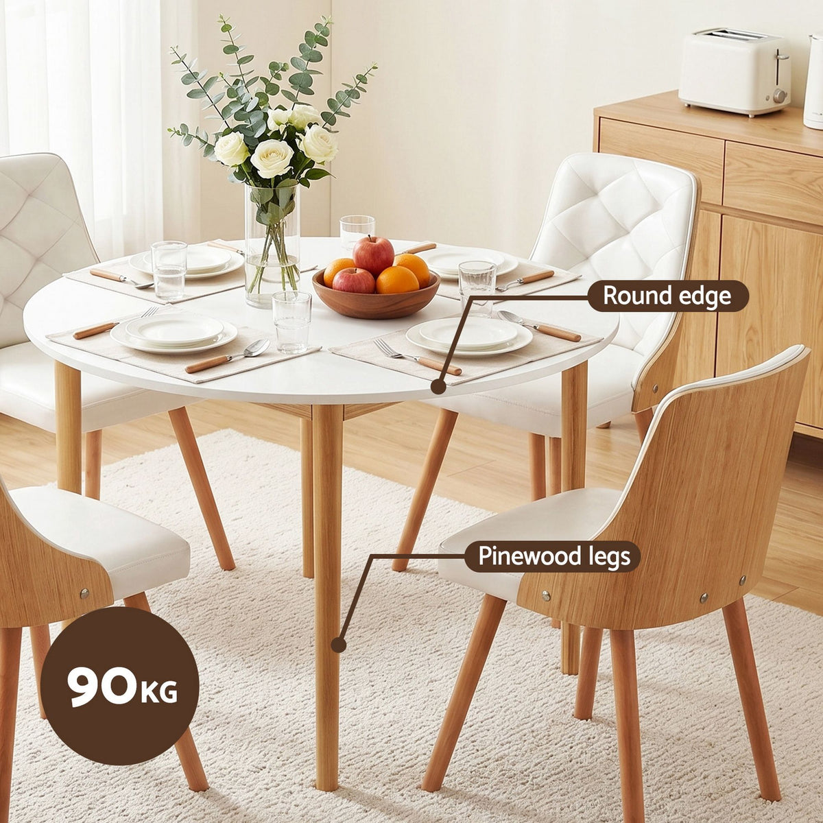 Dining Table and Chairs Set 5PCS Round 4 PU Leather Seater Dining Set White