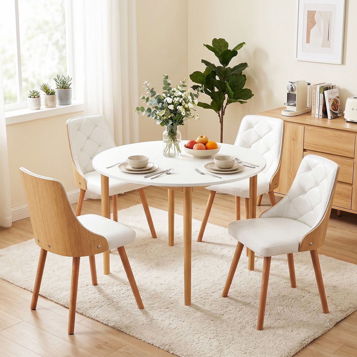 Dining Table and Chairs Set 5PCS Round 4 PU Leather Seater Dining Set White