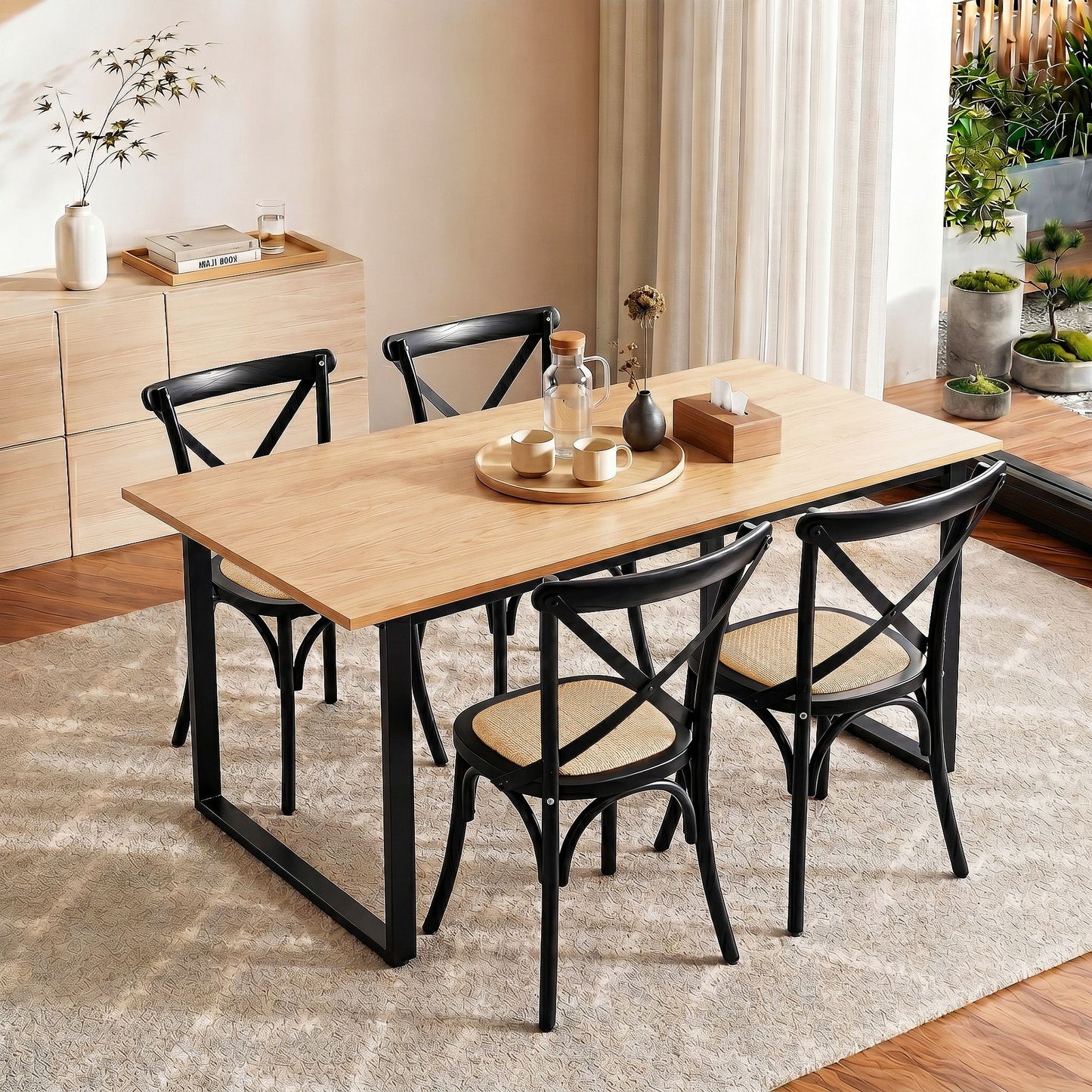 Dining Table and Chairs Set 5PCS Industrial 4 Black Rattan Chairs for Kitchen, Dining Room, Café