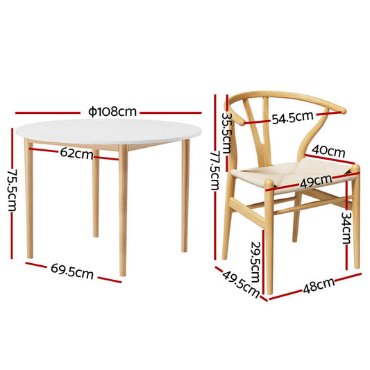 1 Artiss Dining Table and 4 Chairs Set Wishbone Wood Furniture > Dining > Dining Set
