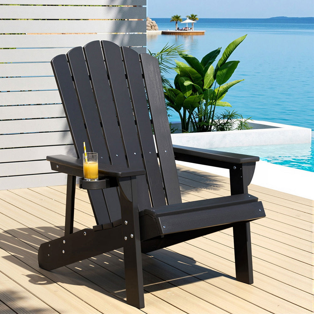 Gardeon Outdoor Chairs HDPE Adirondack Beach Chair Sun Lounge Patio Furniture Garden Black - Furniture > Outdoor >