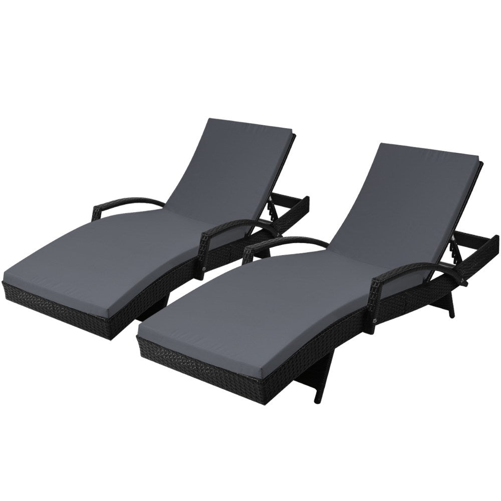 Gardeon 2PC Sun Lounge Wicker Lounger Outdoor Furniture Beach Chair Patio Adjustable Cushion Black - Furniture >