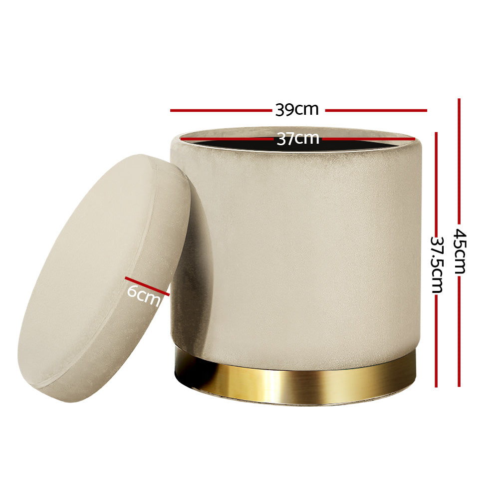 Artiss Ottoman Storage Foot Stool Round Velvet Cream Furniture > Living Room > Ottomans & Footstools
