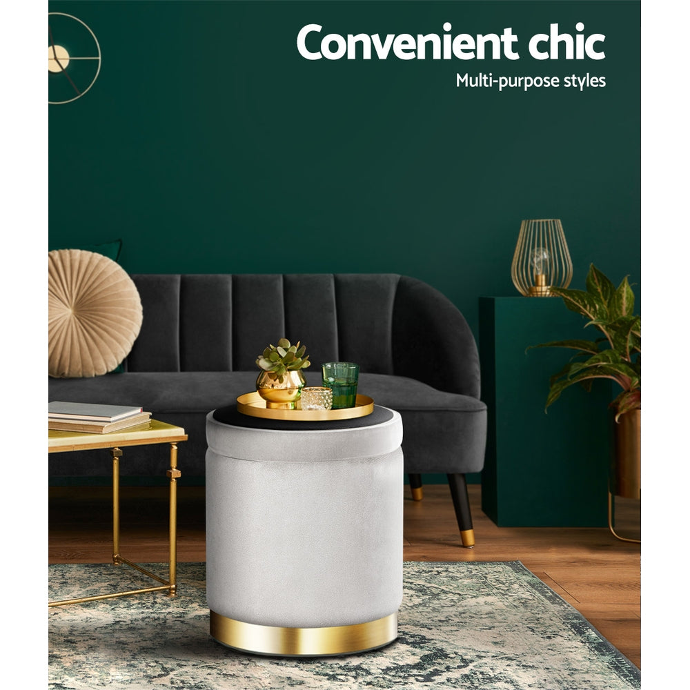 Artiss Ottoman Storage Foot Stool Round Velvet Grey - Furniture > Living Room > Ottomans & Footstools