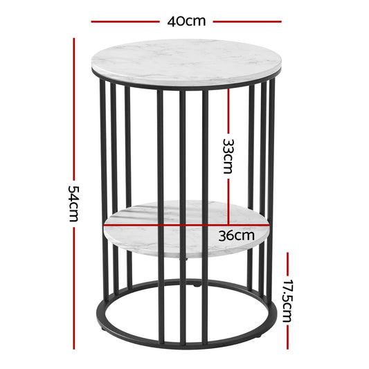 Set of 2 Side Table Coffee Table 2-Tier Round Marble Effect