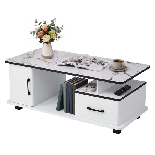 Coffee Table Marble Finish Center Table with Storage Drawer Cabinet Wood White