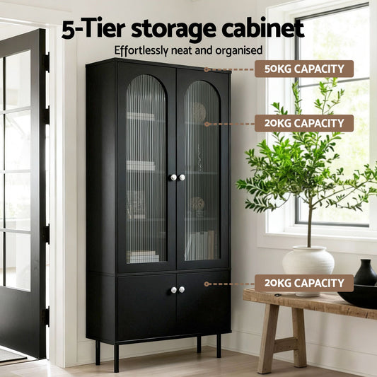 2x Buffet Sideboard Cabinet Pantry 5-Tier Storage Cupboard Fluted Black