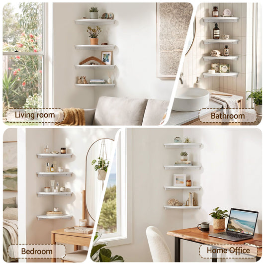 4pc Corner Floating Wall Shelf Wall Mounted Display Rack Round Edge White