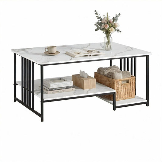 Coffee Table 100cm Faux Marble Finish Center Table 2-Tier Storage White&Black