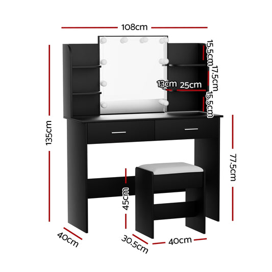Artiss Dressing Table Set Stool 10 Led Bulbs Black Dulcea Furniture > Bedroom > Dressing Vanity & Dressing Tables