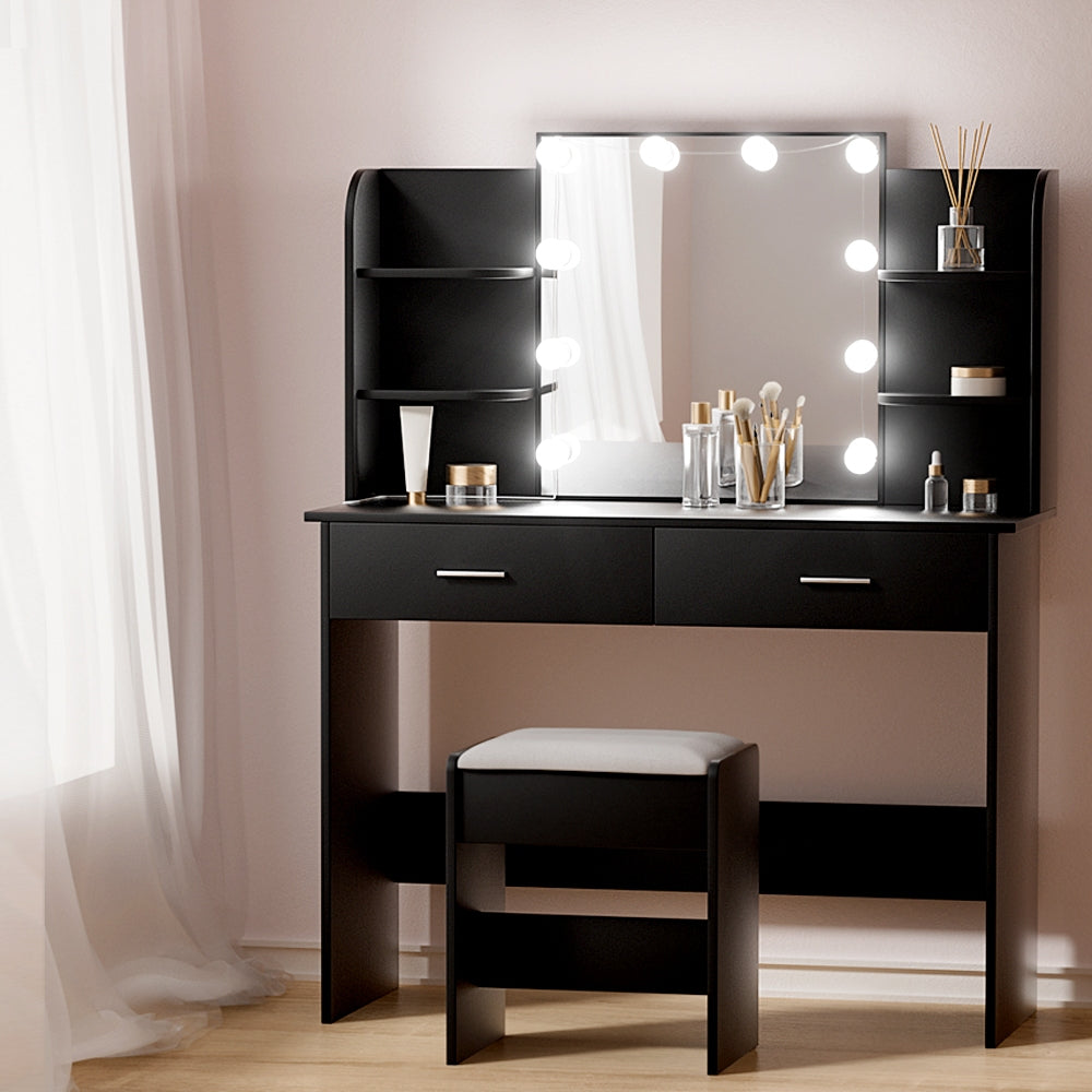 Artiss Dressing Table Set Stool 10 Led Bulbs Black Dulcea Furniture > Bedroom > Dressing Vanity & Dressing Tables
