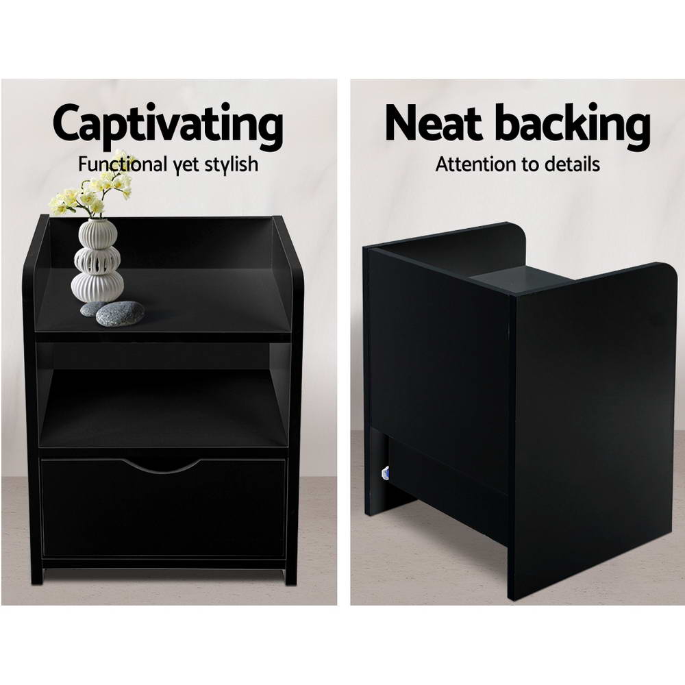 Artiss Bedside Table 1 Drawer with Shelf - FARA Black - Furniture > Bedroom > Bedside Tables