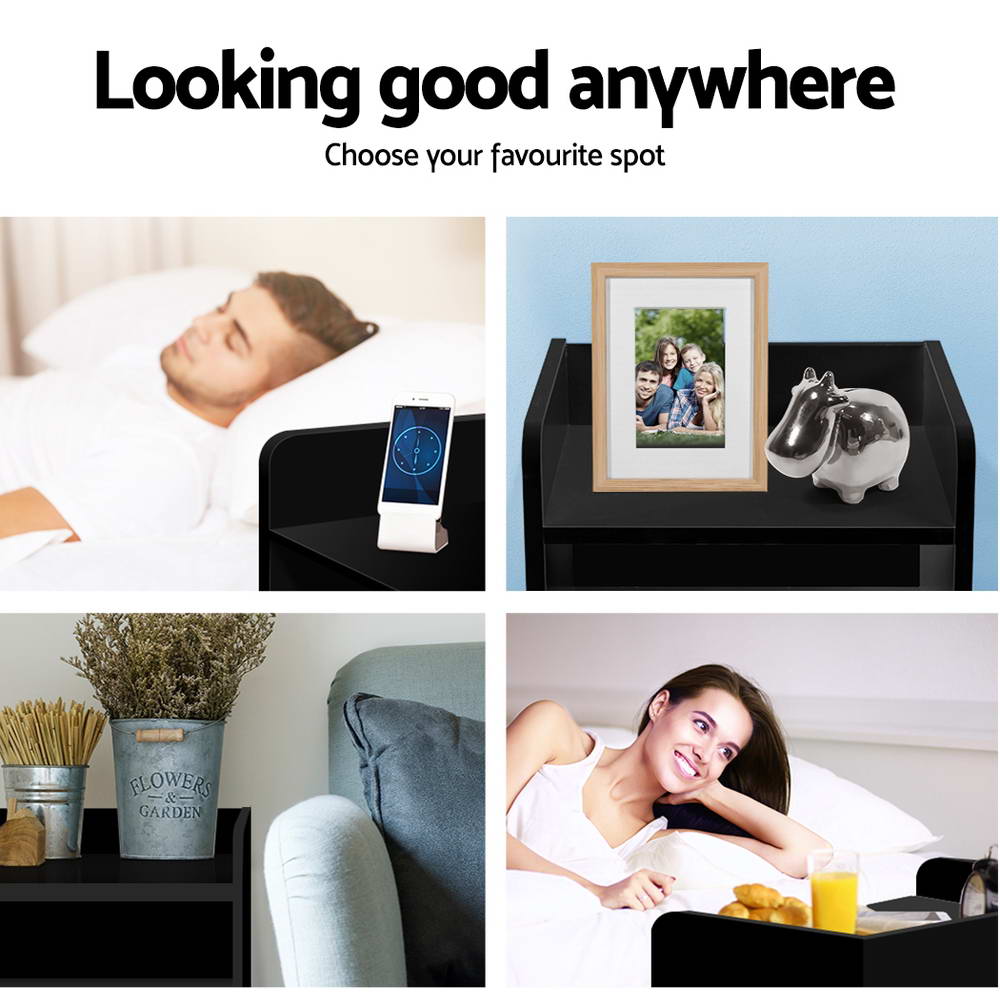 Artiss Bedside Table 1 Drawer with Shelf - FARA Black - Furniture > Bedroom > Bedside Tables