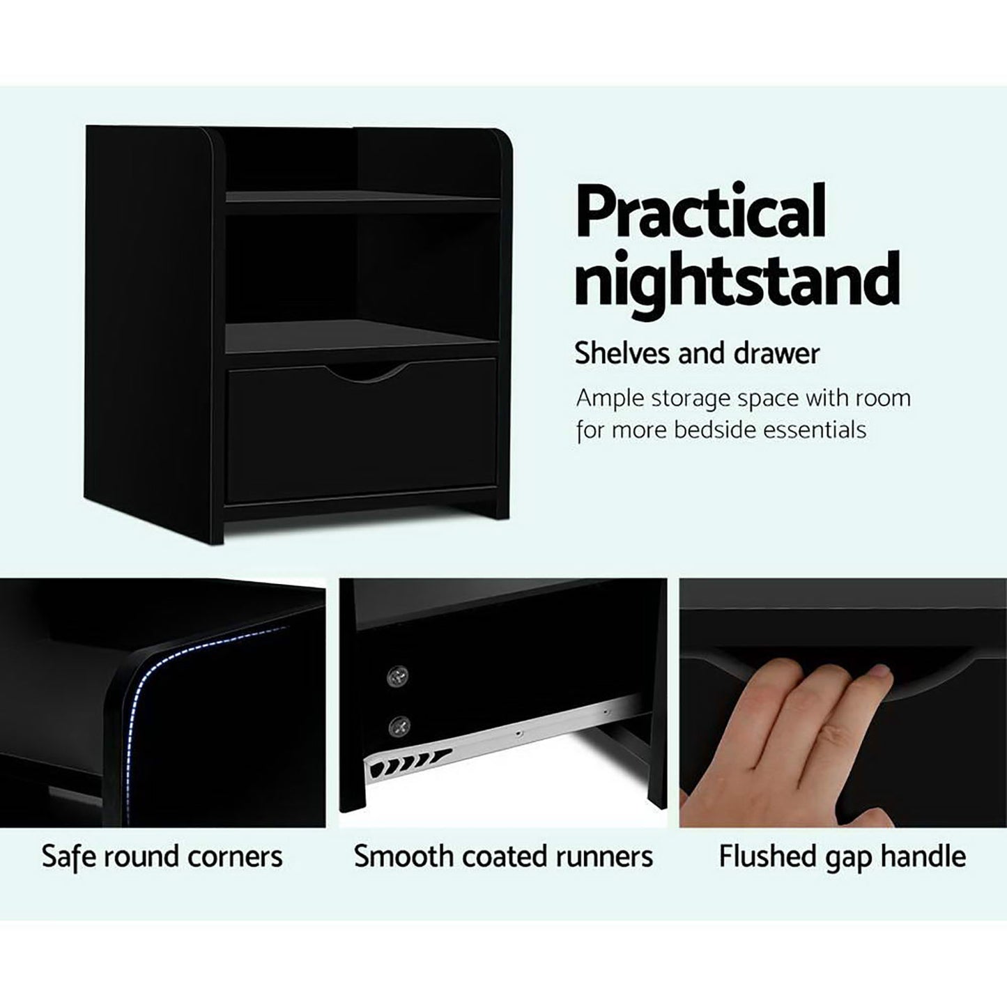 Artiss 2X Bedside Table 1 Drawer with Shelf - FARA Black - Furniture > Bedroom > Bedside Tables