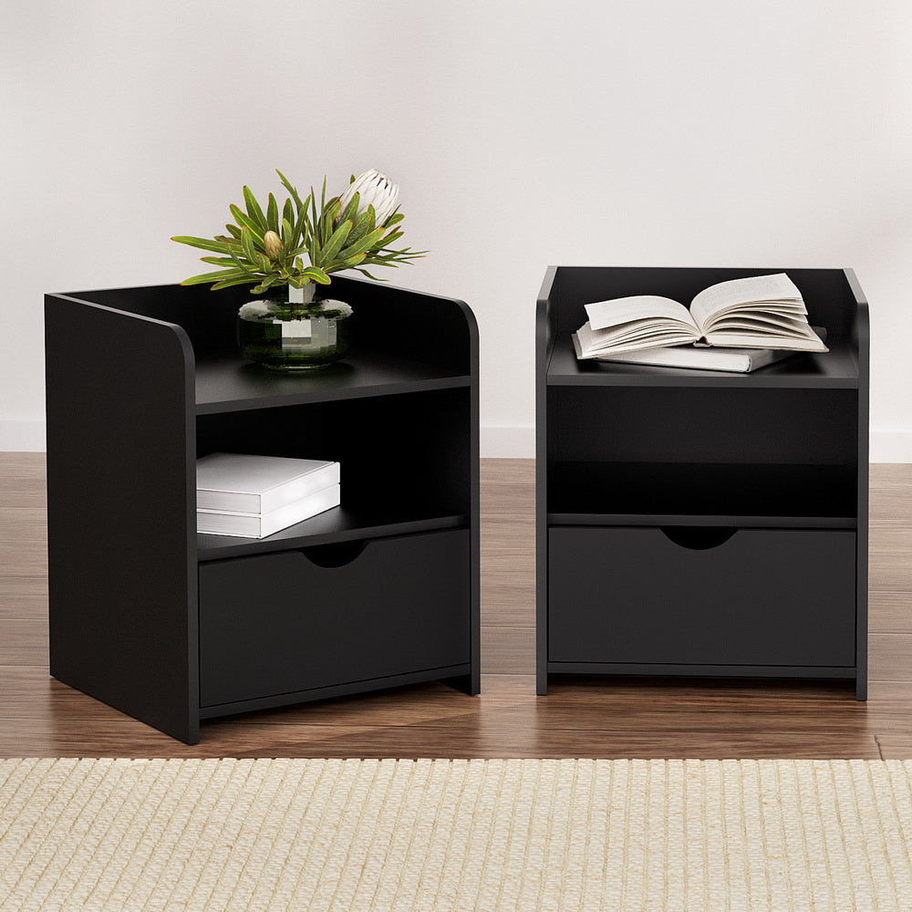 Artiss 2X Bedside Table 1 Drawer with Shelf - FARA Black - Furniture > Bedroom > Bedside Tables
