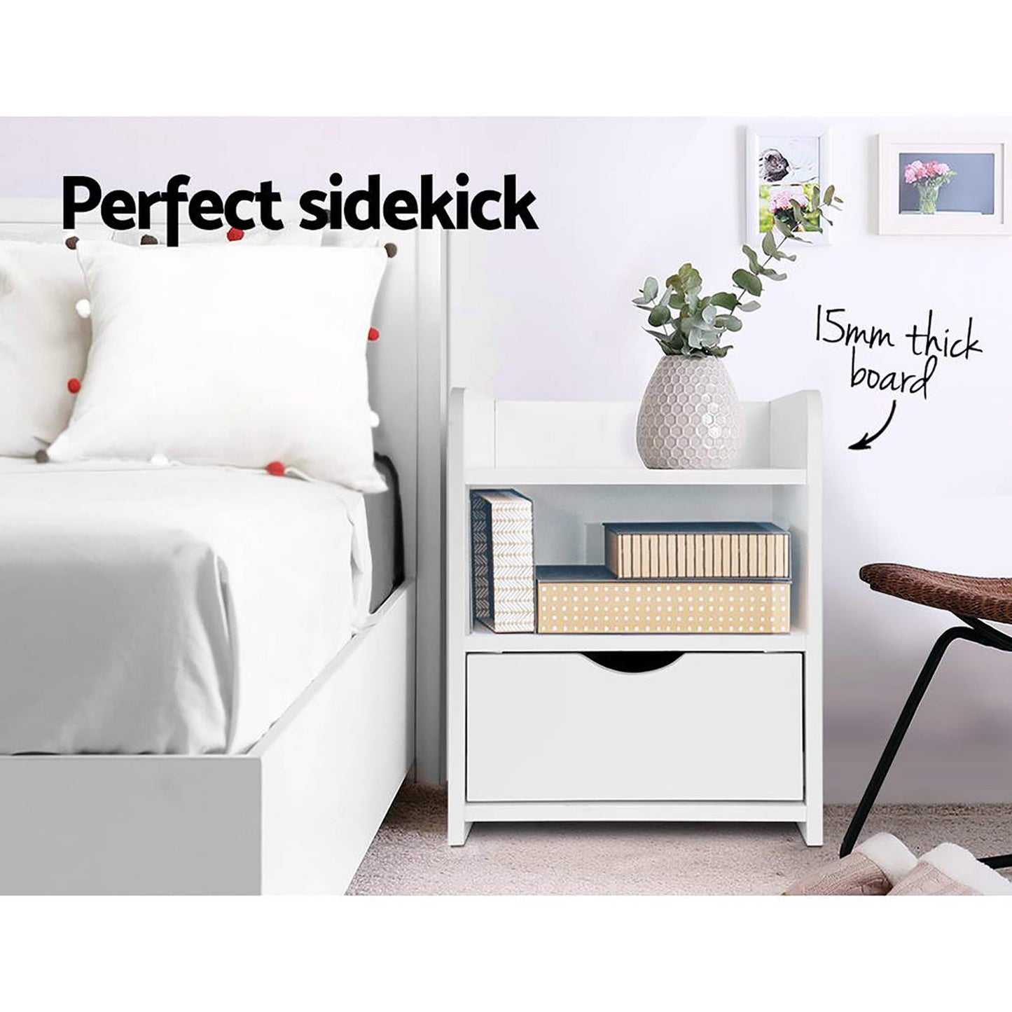 Artiss 2X Bedside Table 1 Drawer with Shelf - FARA White - Furniture > Bedroom > Bedside Tables