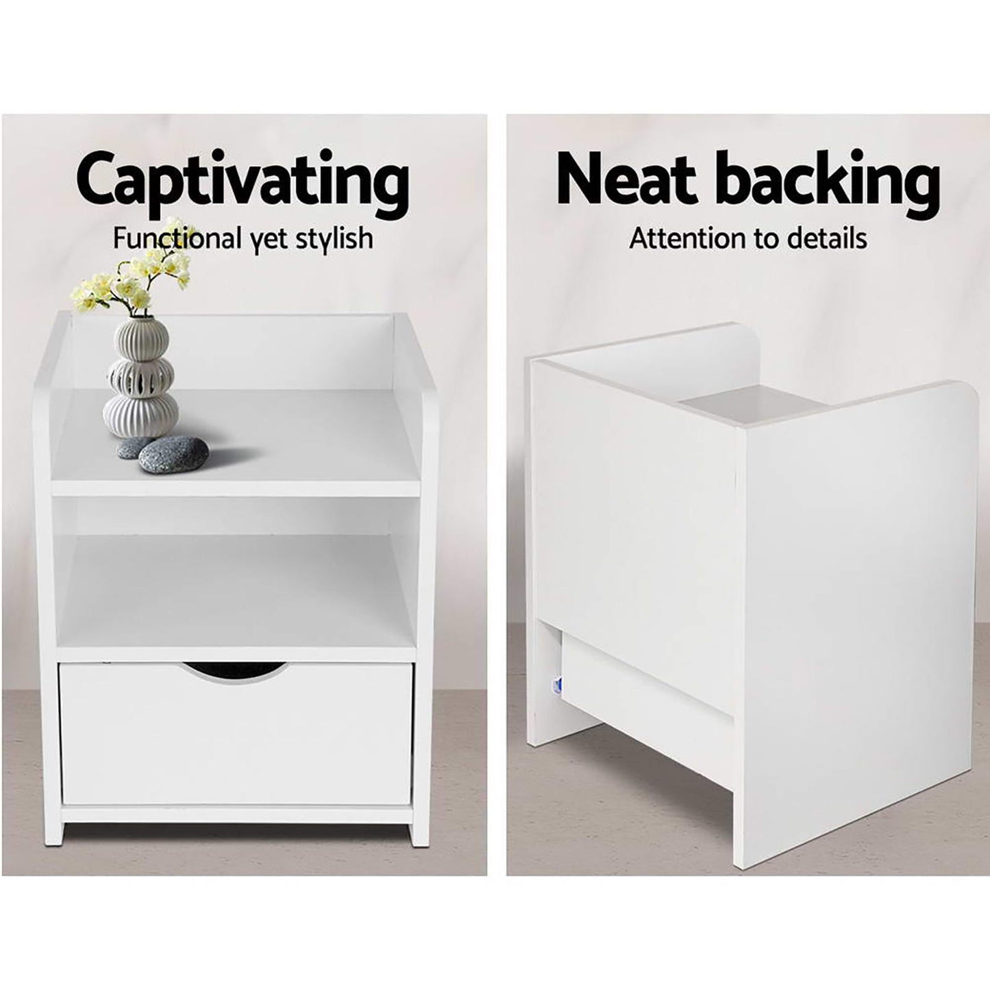 Artiss 2X Bedside Table 1 Drawer with Shelf - FARA White - Furniture > Bedroom > Bedside Tables