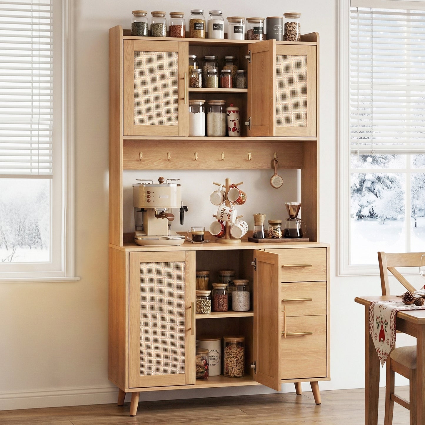 Buffet Sideboard Hutch Storage Cabinet Kitchen Cupboard Hooks Rattan Pine