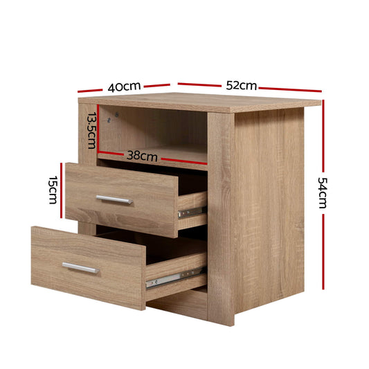 Artiss 2X Bedside Table 2 Drawers with Shelf TARA Oak Furniture > Bedroom > Bedside Tables