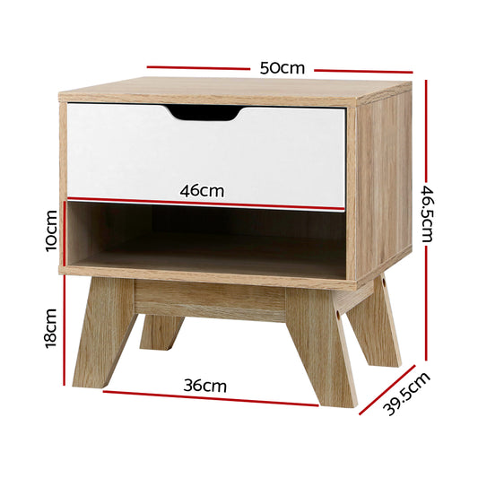 Artiss Bedside Table 1 Drawer with Shelf IKER White & Oak Furniture > Bedroom