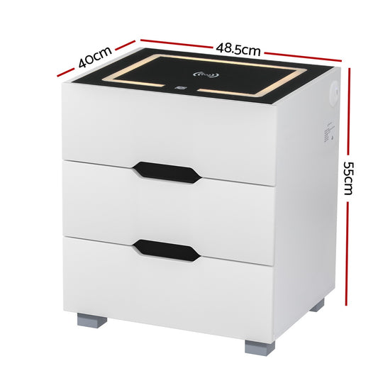 Artiss Smart Bedside Table 3 Drawers with Wireless Charging Ports LED White ADAD Furniture > Bedroom > Bedside Tables