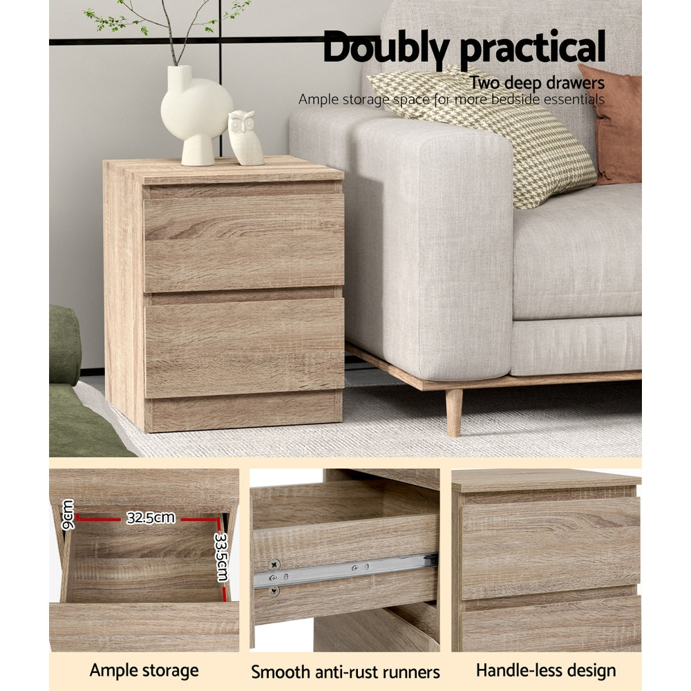 Artiss 2x Bedside Table 2 Drawers - PEPE Oak - Furniture > Bedroom > Bedside Tables