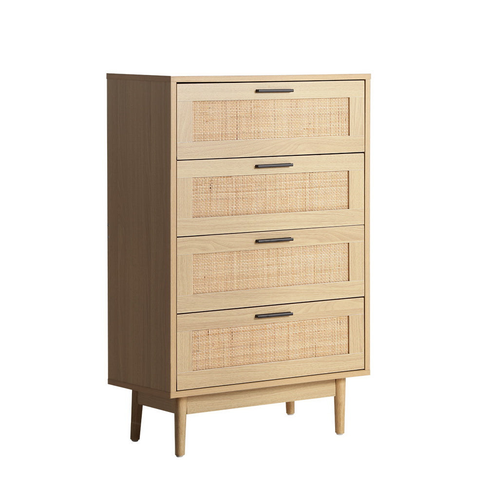 Artiss 4 Chest of Drawers Rattan Tallboy Pine - BRIONY - Furniture > Bedroom > Dressers