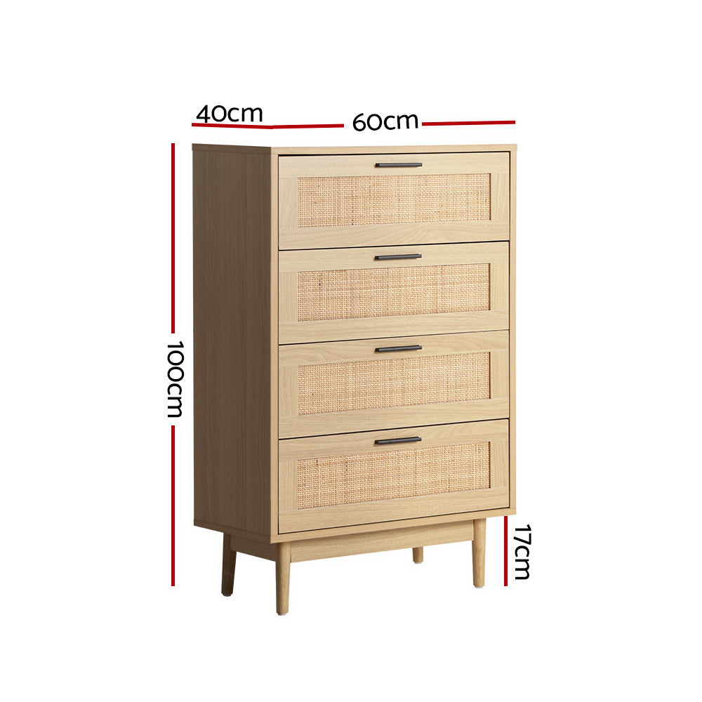 Artiss 4 Chest of Drawers Rattan Tallboy Pine - BRIONY - Furniture > Bedroom > Dressers
