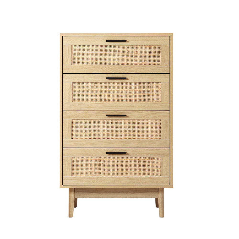 Artiss 4 Chest of Drawers Rattan Tallboy Pine - BRIONY - Furniture > Bedroom > Dressers