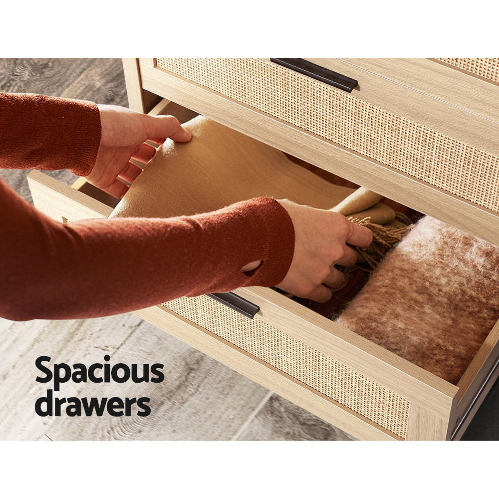 Artiss 4 Chest of Drawers Rattan Tallboy Pine - BRIONY - Furniture > Bedroom > Dressers