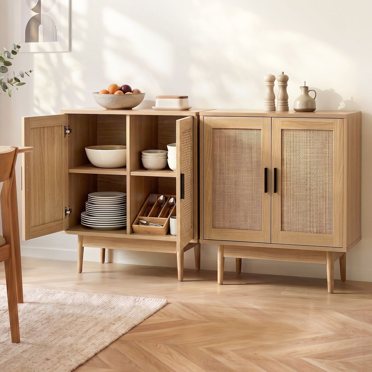 2x Buffet Sideboard Cabinet Rattan Cupboard 2 Doors Storage Pantry BRIONY
