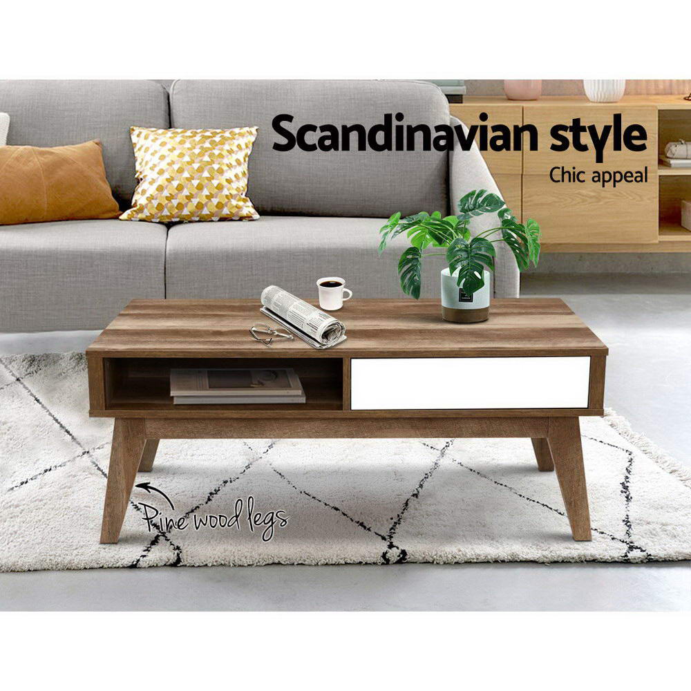 Artiss Coffee Table 2 Drawers Walnut Serena - Furniture > Living Room > Coffee Tables