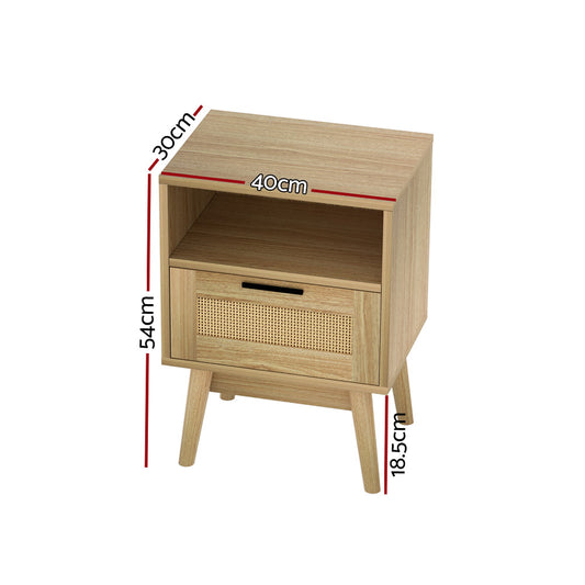 Artiss Rattan Bedside Table 1 Drawer with Shelf REI Oak Furniture > Bedroom