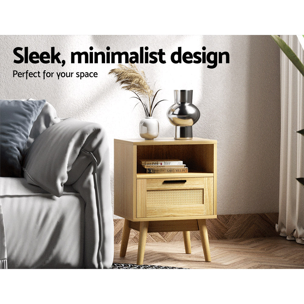 Artiss Rattan Bedside Table 1 Drawer with Shelf REI Oak Furniture > Bedroom
