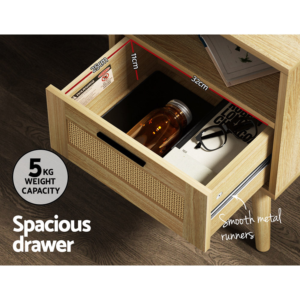 Artiss Rattan Bedside Table 1 Drawer with Shelf REI Oak Furniture > Bedroom