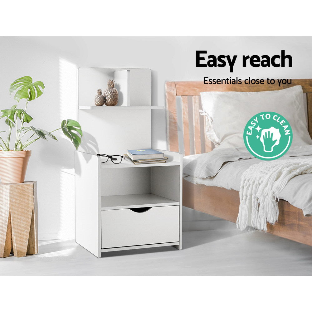 Artiss Bedside Table 1 Drawer with Shelves - EVERMORE White - Furniture > Bedroom > Bedside Tables