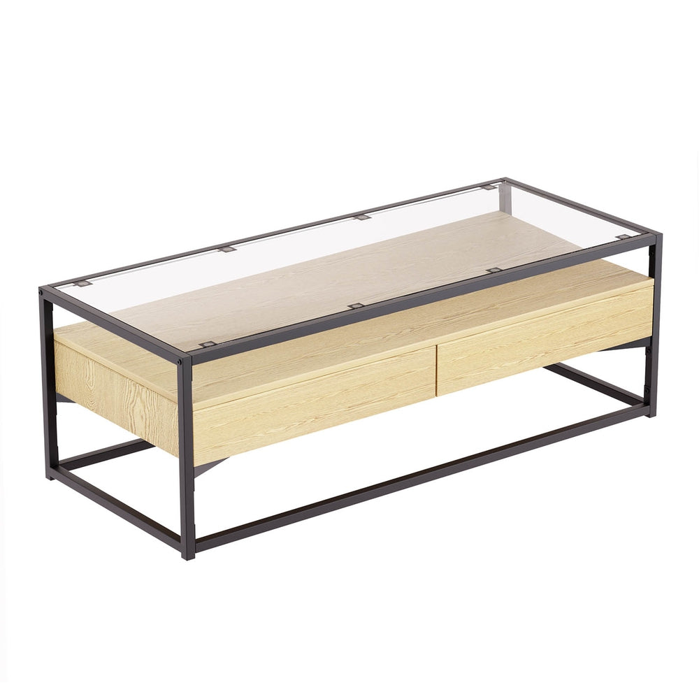 Artiss Coffee Table 2 Drawers Glass Tabletop Pine - Furniture > Living Room > Coffee Tables