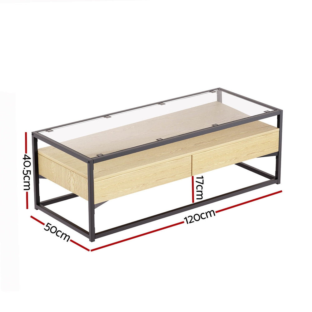 Artiss Coffee Table 2 Drawers Glass Tabletop Pine - Furniture > Living Room > Coffee Tables