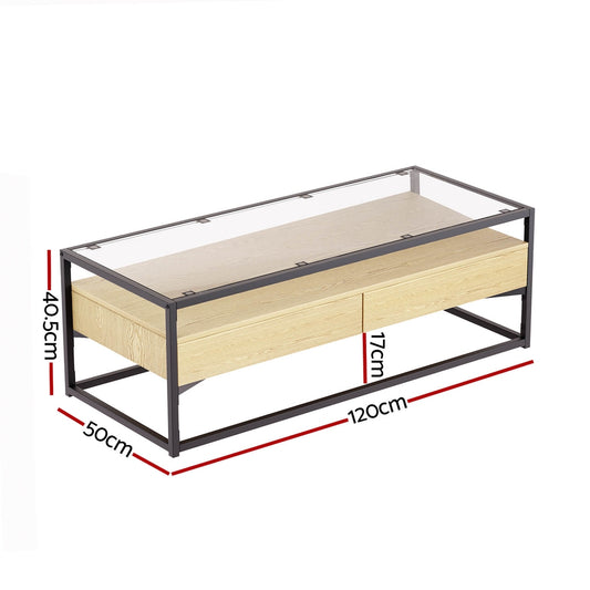 Artiss Coffee Table 2 Drawers Glass Tabletop Pine Furniture > Living Room > Coffee Tables