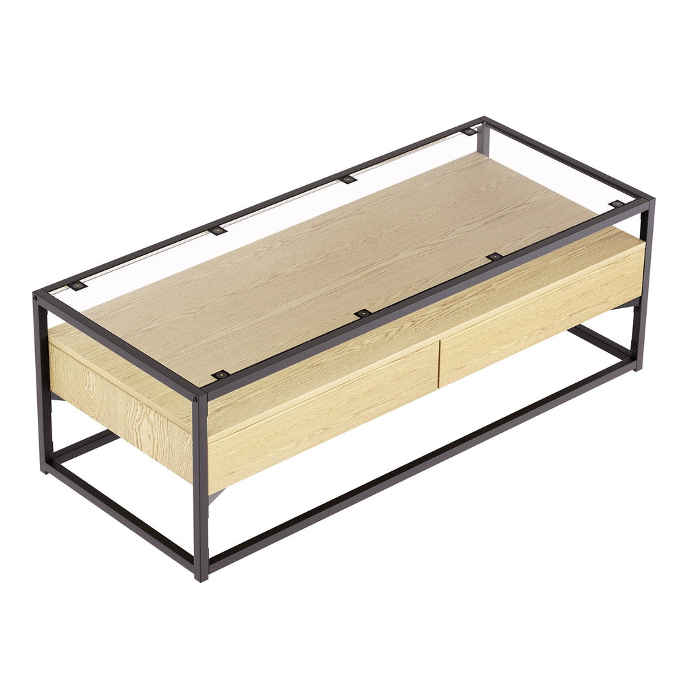 Artiss Coffee Table 2 Drawers Glass Tabletop Pine - Furniture > Living Room > Coffee Tables