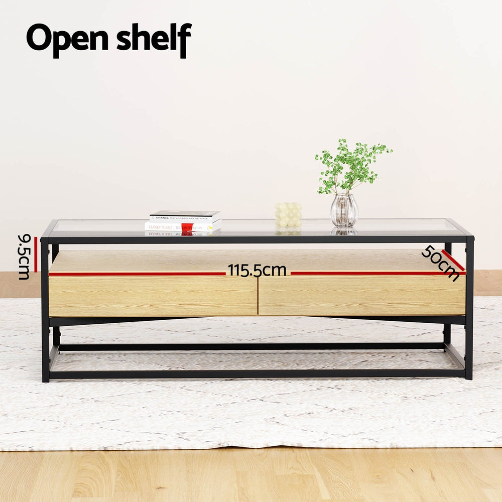 Artiss Coffee Table 2 Drawers Glass Tabletop Pine - Furniture > Living Room > Coffee Tables