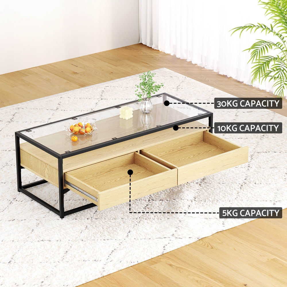 Artiss Coffee Table 2 Drawers Glass Tabletop Pine - Furniture > Living Room > Coffee Tables