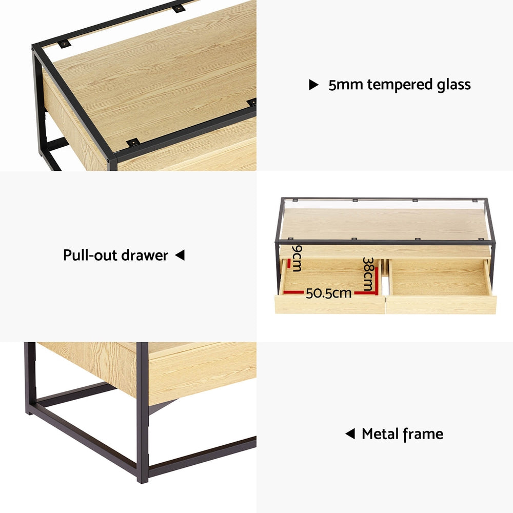 Artiss Coffee Table 2 Drawers Glass Tabletop Pine - Furniture > Living Room > Coffee Tables
