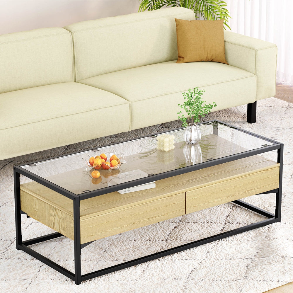 Artiss Coffee Table 2 Drawers Glass Tabletop Pine - Furniture > Living Room > Coffee Tables