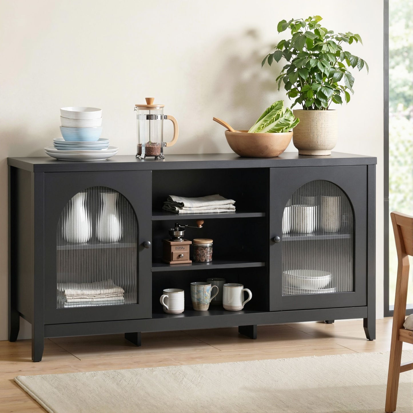 Buffet Sideboard Shelves Double Doors - Black