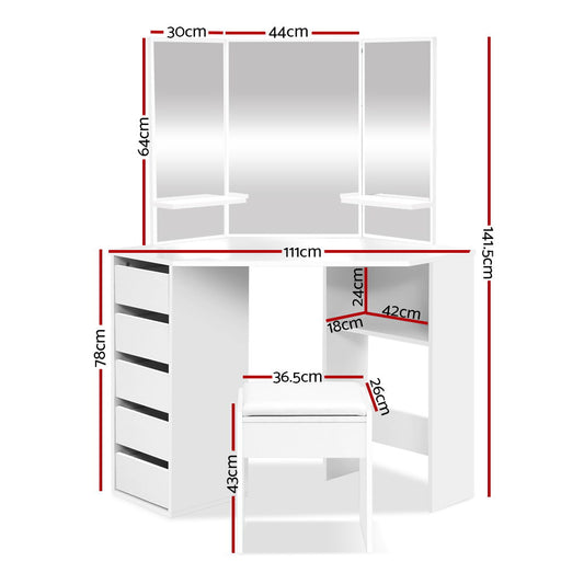 Artiss Dressing Table Stool Set Corner 5 Drawers White Furniture > Bedroom > Dressing Vanity & Dressing Tables